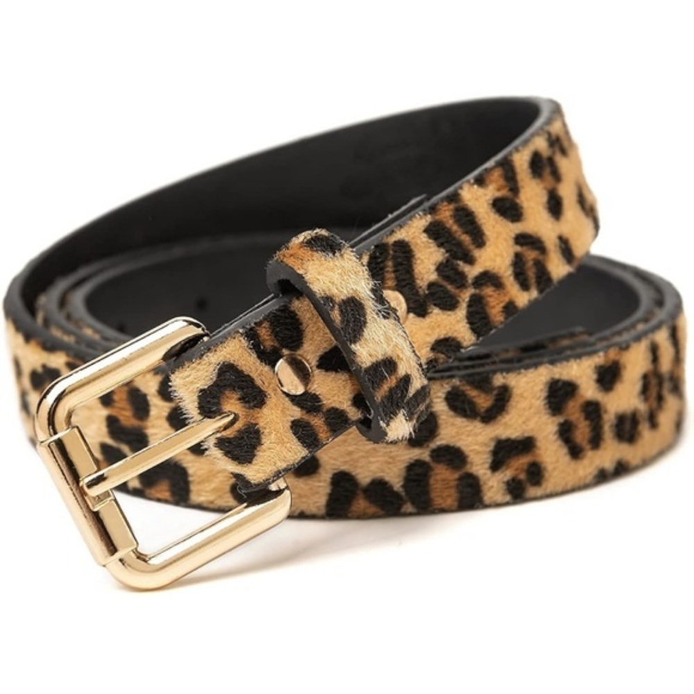 Unbranded 60” tan, back, & brown animal cheetah print leather animal hair belt